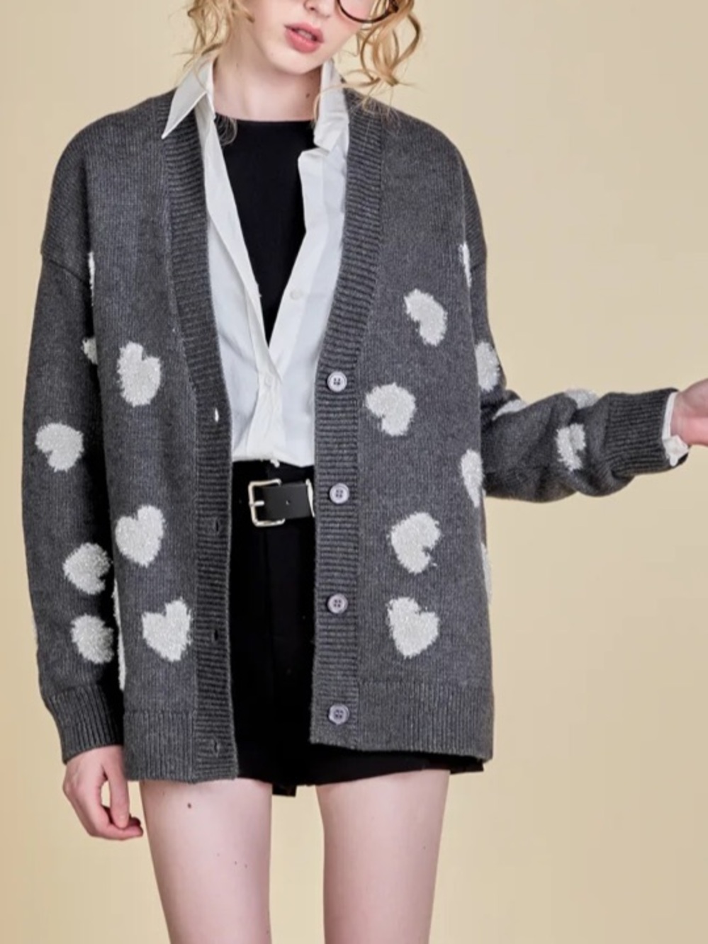 English Factory Charcoal Gray Lurex Heart Button-Front Cardigan Sweater
